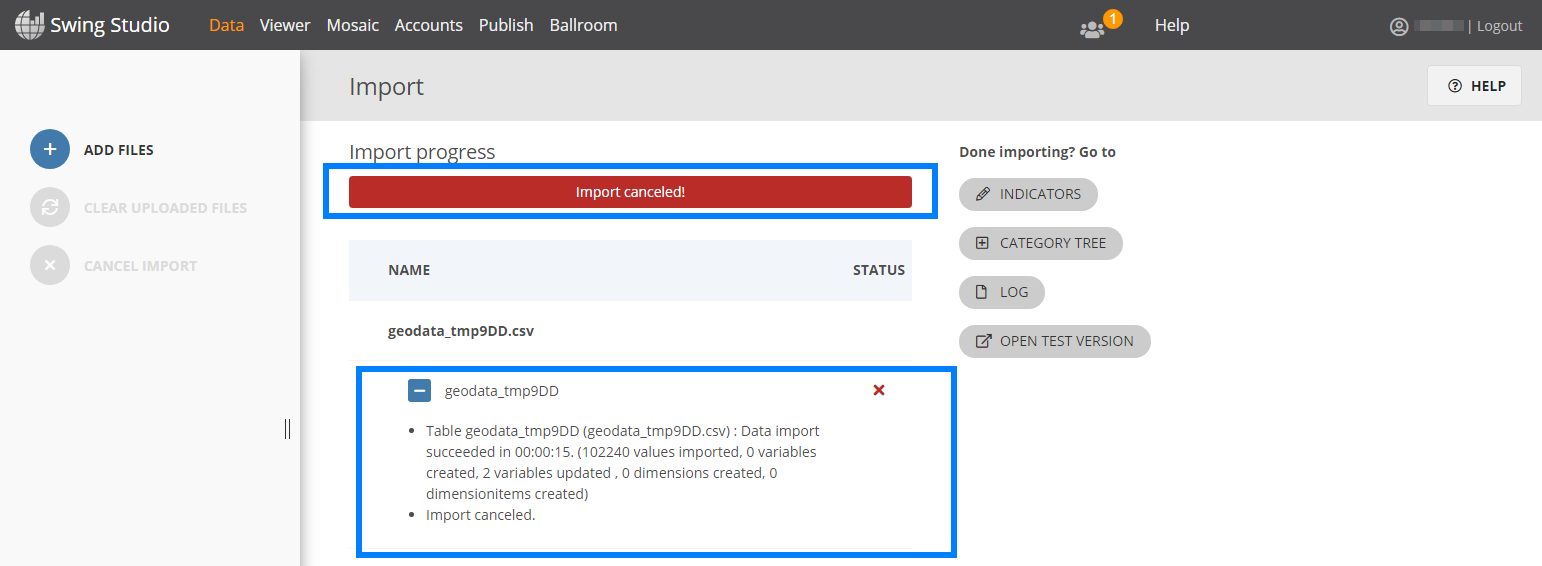 Import resultaat na afbreken